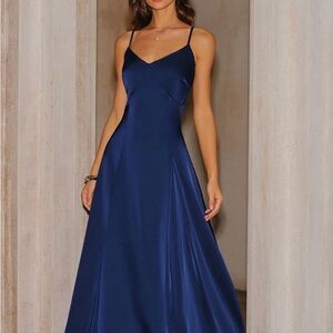 Elegant Navy Satin Slip Dress with Spaghetti Straps